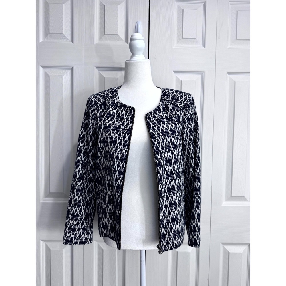 J. Crew Motorcycle Jacket Womens Blue White Jacquard Full Zip Long Sleeve Career